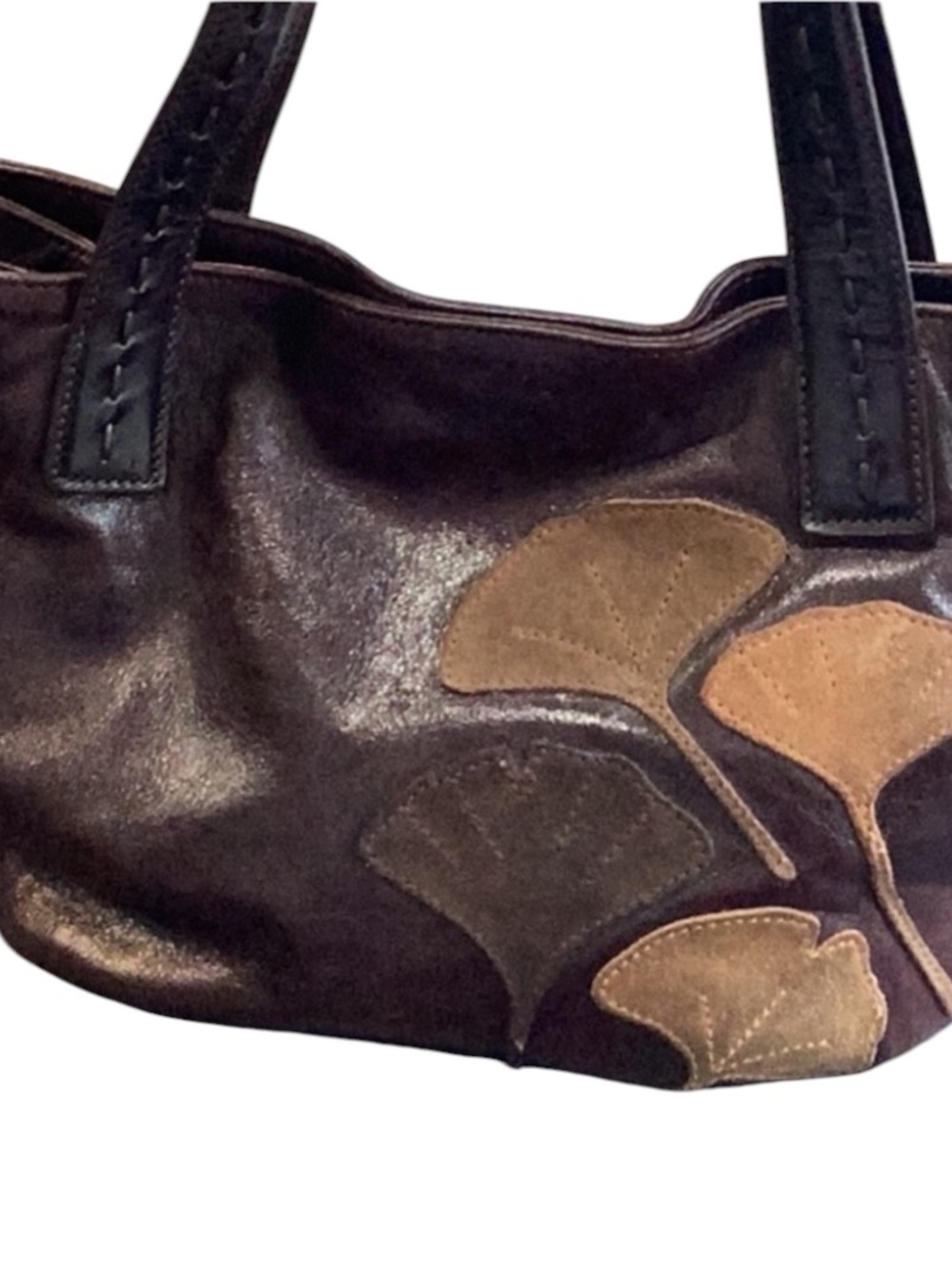 Nordstrom Dark Brown Leather Satchel with Suede Patchwork Leaf Accents Vintage - Picture 2 of 7